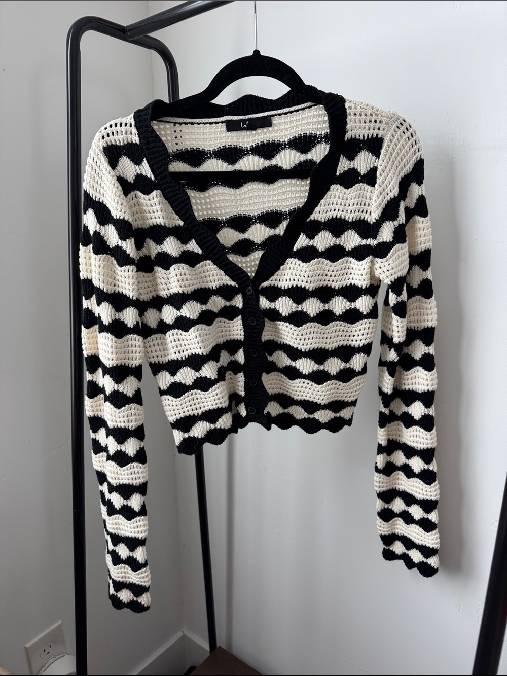 Lulu's Black and Cream Cropped Crochet Stripe Cardigan
